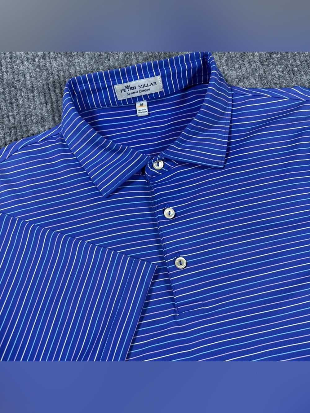 Peter Millar Polo Shirt Mens Sz M Blue Striped Summer Comfort Golf Short Sleeve